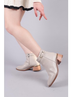 Birikon Linz Bileği Kemerli Alçak Topuklu Bot Bej