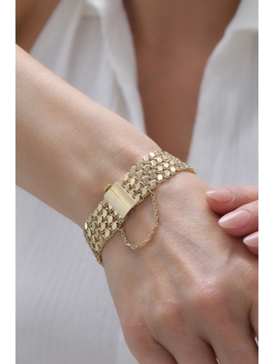 Yavuz Kuyumculuk 14 Ayar Altın Kilit Detaylı Dört Sıra Pullu Bileklik