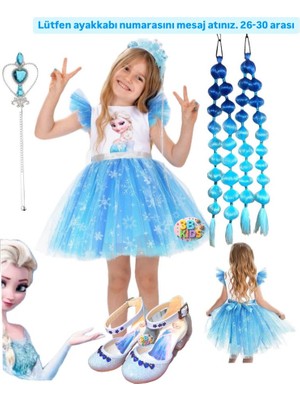 3b Kids Elsa Kabarık Kısa Elbise Kostüm Takımı Elsa Mavi Bubble Saç Elsa Taç Asa Elsa Topuklu Ayakkabı Seti