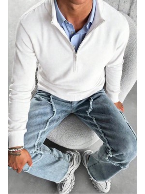 Cool Tarz Erkek Beyaz Regular Fit Yarım Pat Fermuarlı Yaka Triko Kazak