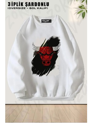 Unisex Bol Kalıp Chicago Bulls Özel Baskılı Tasarım Oversize Bisiklet Yaka Sweatshirt