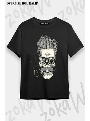 Unisex Oversize Kalıp Pipo Içen Kuru Kafa Tasarım Baskılı Tshirt
