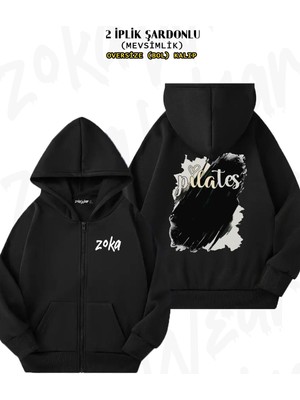 Oversize Pilates Özel Sırt Baskılı Fermuarlı Kapşonlu Siyah Hırka (2 Iplik)