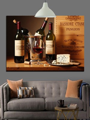 Karizma Tablo Şarap Şişeleri ve Peynir  Dekoratif Kanvas - Mdf Ahşap Tablo