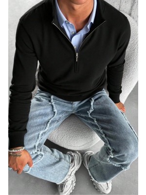 Cool Tarz Erkek Siyah Regular Fit Yarım Pat Fermuarlı Yaka Triko Kazak