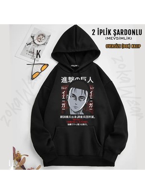Attack On Titan Eren Yeager Anime Tasarım Baskılı Kapüşonlu Sweatshirt (2 Iplik)