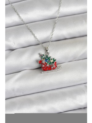 Shopwave 316L Çelik Zincir Gümüş Renk Kızak ve Çam Ağacı Figürlü Yılbaşı Temalı Kadın Kolye