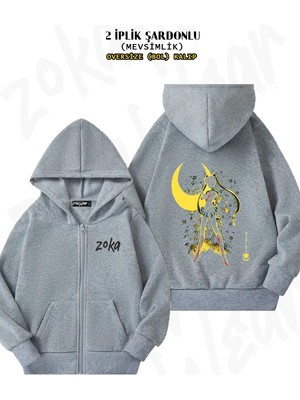 Unisex Sailor Moon 2 Baskılı Oversize Sırt Baskılı Fermuarlı Kapşonlu Hırka