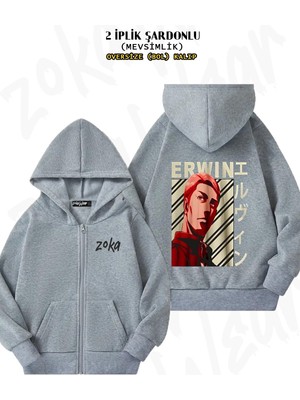 Unisex Attack On Titan Erwin Smith Anime 2 Baskılı Oversize Sırt Baskılı Fermuarlı Kapşonlu Hırka
