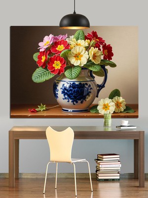Tablo Mega Çiçekli Vazo Natürmort Dekoratif Kanvas - Mdf Ahşap Tablo