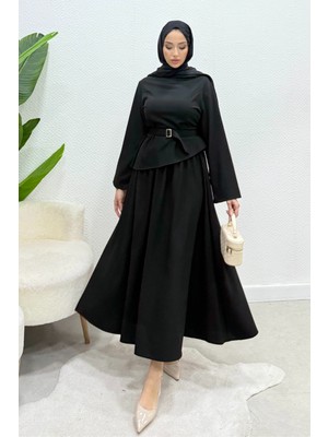 Tesettür Diyarı Pamuk Keten Kışlık Hezal Tesettür Takım- Siyah