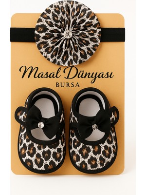 Masal Dünyası Bursa Leopar Desenli Kız Bebek Saç Bandı ve Bez Ayakkabı Seti 0-3 Ay