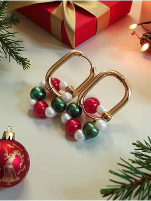 Amabel Jewelerys Yılbaşı Temalı Inci Charmlı Oval Çelik Küpe