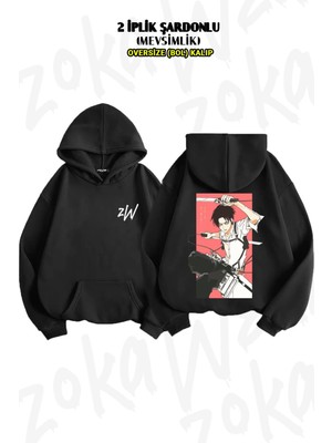 Oversize Attack On Titan Levi Ackerman Anime Sırt Baskılı Kapüşonlu Sweatshirt (2 Iplik)