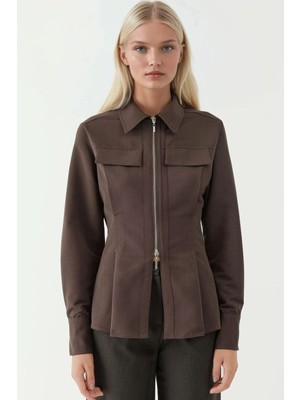 Hiccup Kadın Fermuar Detaylı Uzun Kollu Gömlek Kahve Kahvesi