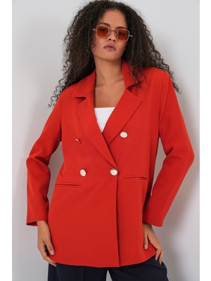 Hiccup Kadın Bdart Kruvaze Yaka Düğme Detaylı Blazer Tuğla Kırmızısı