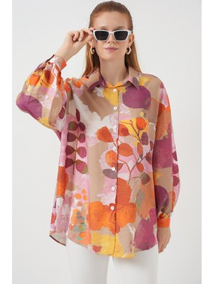 Hiccup Kadın Bdart Oversize Çiçek Desenli Düğmeli Gömlek Parlak Turuncu