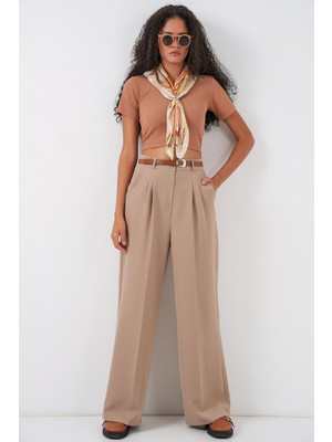 Hiccup Kadın Bdart Yüksek Bel Pileli Palazzo Pantolon Bej Doğal