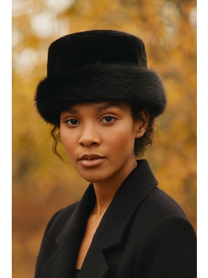 Külah Yuvarlak Suni Kürk Şapka - Siyah Kışlık Boho Bucket Hat