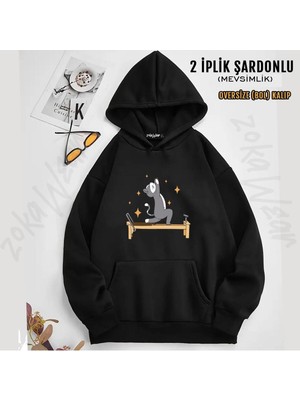 Reformer Pilates Spor Kedi Baskılı Kapüşonlu Sweatshirt (2 Iplik)