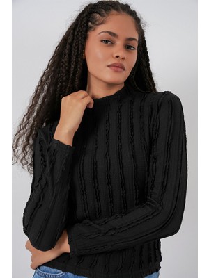 Hiccup Kadın Bdart Dokulu Slim Fit Dik Yaka Bluz Siyah