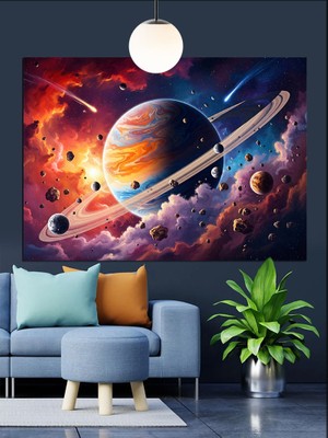 Karizma Tablo Uzay Gezegenler Yıldız Tozu Dekoratif Kanvas - Mdf Ahşap Tablo