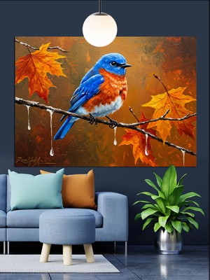 Tablo Mega Mavi Kuş Sonbahar Dalı Dekoratif Kanvas - Mdf Ahşap Tablo