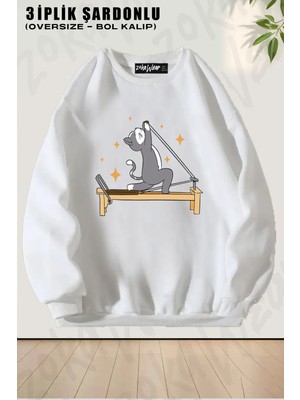 Unisex Bol Kalıp Reformer Pilates Spor Kedi Baskılı Tasarım Oversize Bisiklet Yaka Sweatshirt