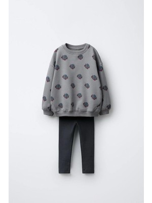 Magu Kız Çocuk Pamuklu Gri Çiçek Desenli Sweatshirt & Tayt Takım