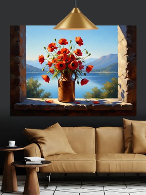 Tablo Mega Pencerede Kırmızı Gelincik Manzarası Dekoratif Kanvas - Mdf Ahşap Tablo