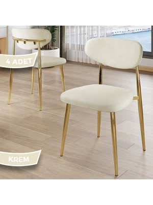 Canisa Laos Serisi 4 Adet Krem Mutfak Sandalyesi Gold Kaplama Metal Ayak 1.sınıf Babyface Kumaş