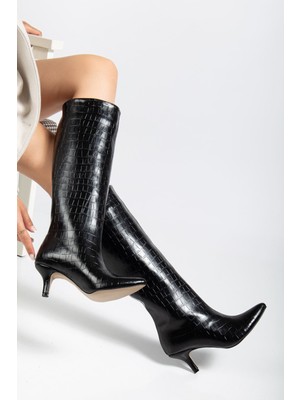 İnfon Ayakkabı Marketi SYT-2025 Siyah  Kroko Günlük Kadın Çizme