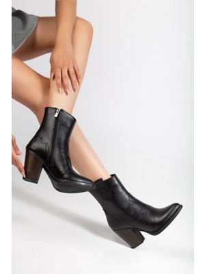 İnfon Ayakkabı Marketi 117 Siyah Kovboy Dikiş Detaylı Fermuarlı  Yüksek Topuklu Günlük Kadın Bot