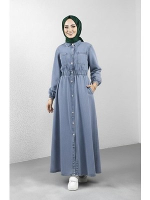 Harma Time Butik Kadın Cep Detaylı Belden Lastikli Denim Kot Mavi Elbise