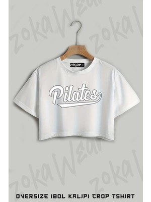 Pilates Logo Baskılı Oversize Crop T-Shirt