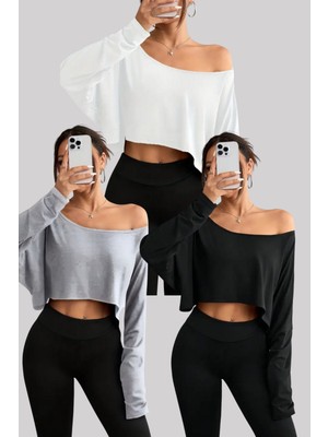 Tarz Cool Siyah - Beyaz - Gri 3lü Kadın Düşük Omuz Kayık Yaka Oversize Uzun Kollu Crop T-Shirt