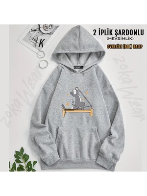 Reformer Pilates Spor Kedi Baskılı Kapüşonlu Oversize Sweatshirt (2 Iplik)