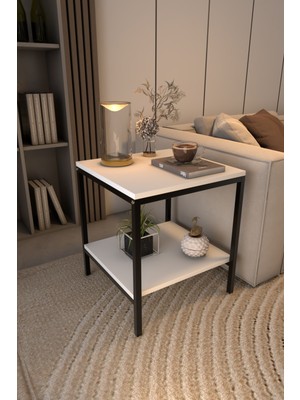 Awox Duo 2 Katlı Kare Sehpa Dekoratif Metal Ayaklı Yan Sehpa