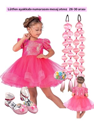 3b Kids Pembe Bariiibi Payetli Prenses Elbise + Pembe 2 Adet Bubble Saç + Pembe Topuklu Ayakkabı Seti