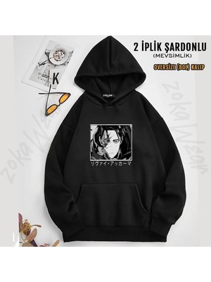 Unisex Attack On Titan Black Levi Ackerman Anime Baskılı Kapşonlu Sweatshirt (2 Iplik)
