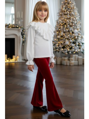 Parla Kids Kız Çocuk Velvet Uzun Kollu Fırfırlı Bluz İspanyol Kadife Kırmızı Tayt Takım Bandana Hediyeli