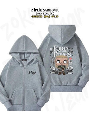 Oversize Yüzüklerin Efendisi Lord Sırt Baskılı Fermuarlı Kapşonlu Gri Hırka (2 Iplik)