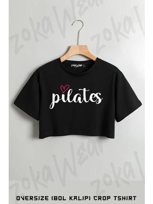 Pilates Yazı Baskılı Oversize Crop T-Shirt