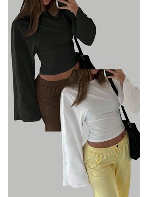 Tarz Cool Siyah - Beyaz 2li Paket Kadın Uzun Kollu Belden Oturtmalı Bluz