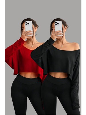 Tarz Cool Kırmızı - Siyah 2li Kadın Düşük Omuz Kayık Yaka Oversize Uzun Kollu Crop T-Shirt