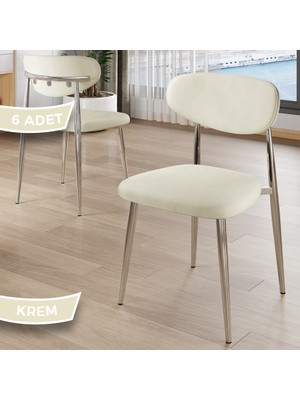 Canisa Laos Serisi 6 Adet Krem Mutfak Sandalyesi Krom Kaplama Metal Ayak 1.sınıf Babyface Kumaş