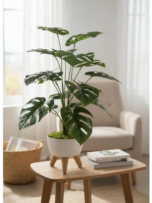 Nettenevime Yapay Çiçek Salon Bitkisi Monstera 70CM 18 Yaprak Beyaz Zigon Saksıda
