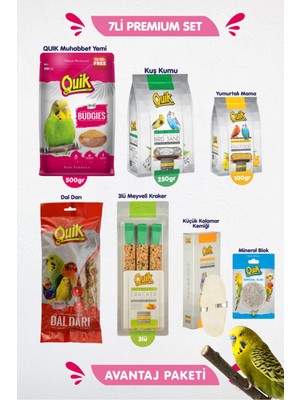 Quik 7li Set - Muhabbet Kuşu Besin Vitamin Bakım Başlangıç Seti - Kraker Min. Blok Muhabbet Yemi Dal Darı