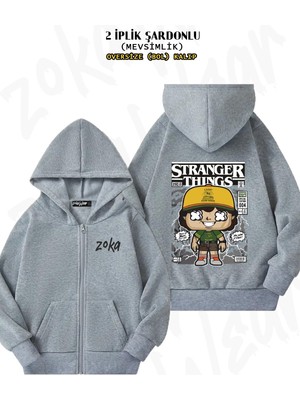 Unisex Stranger Things Baskılı Oversize Sırt Baskılı Fermuarlı Kapşonlu Hırka