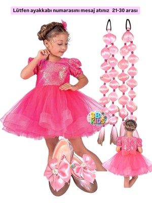 3b Kids Pembe Payetli Prenses Elbise + Pembe 2 Adet Bubble Saç + Pembe Kurdele Babet Doğum Günü Set